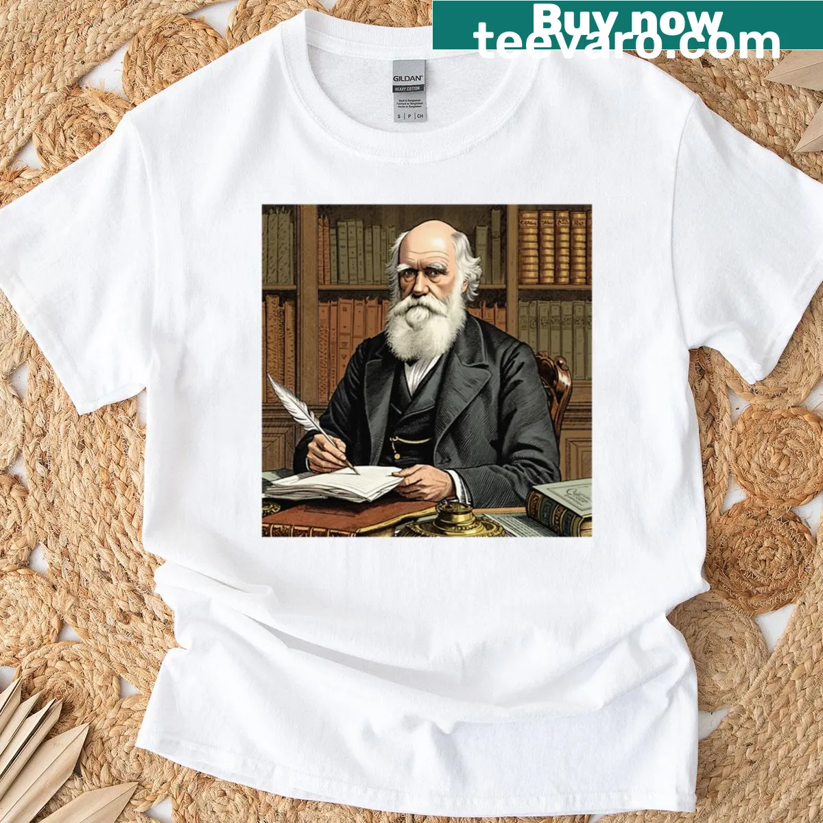 Vintage etching style portrait of Charles Darwin T-shirt — on a men's t-shirt