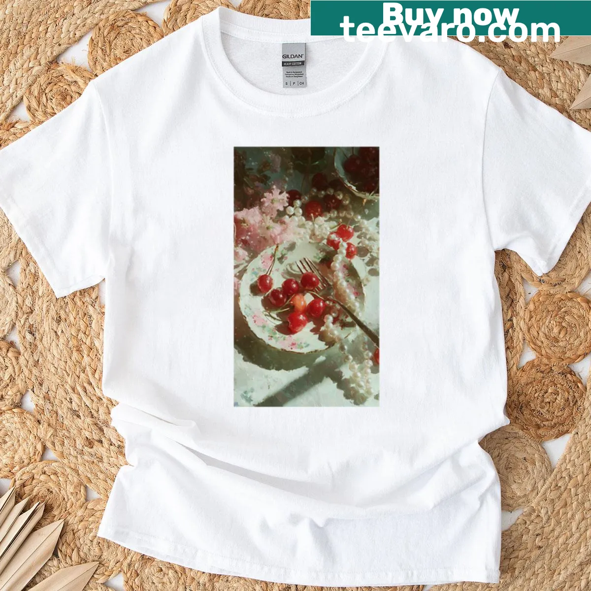 Vintage-style T-shirt featuring cherries on a plate design — on a men's t-shirt