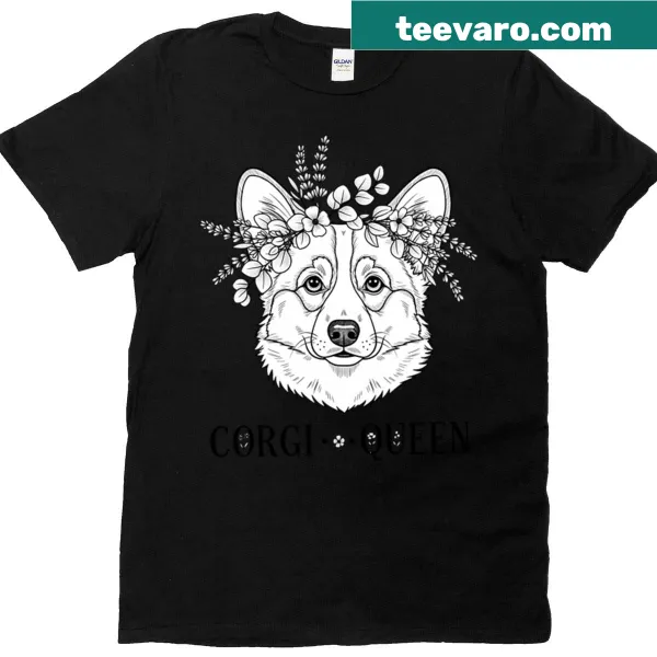 Hand-drawn corgi head with floral wreath illustration on a t-shirt