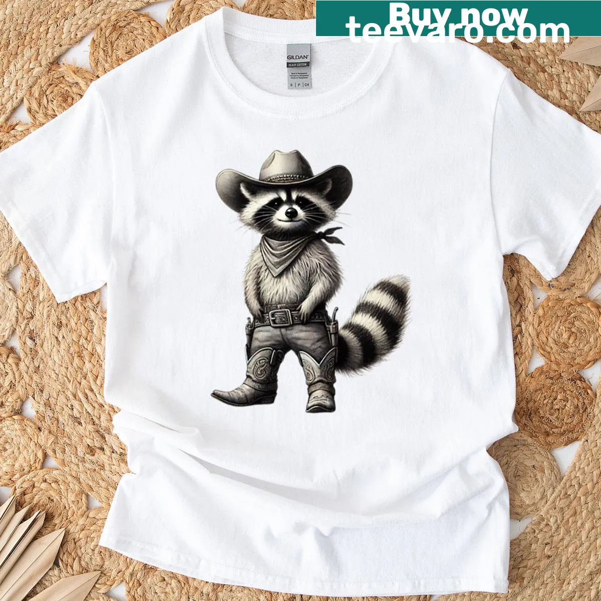 Vintage-style raccoon in cowboy attire graphic — on a men's t-shirt