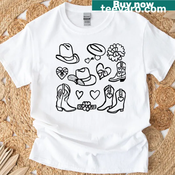 Illustrated T-shirt highlighting cowgirl accessories like hats and boots