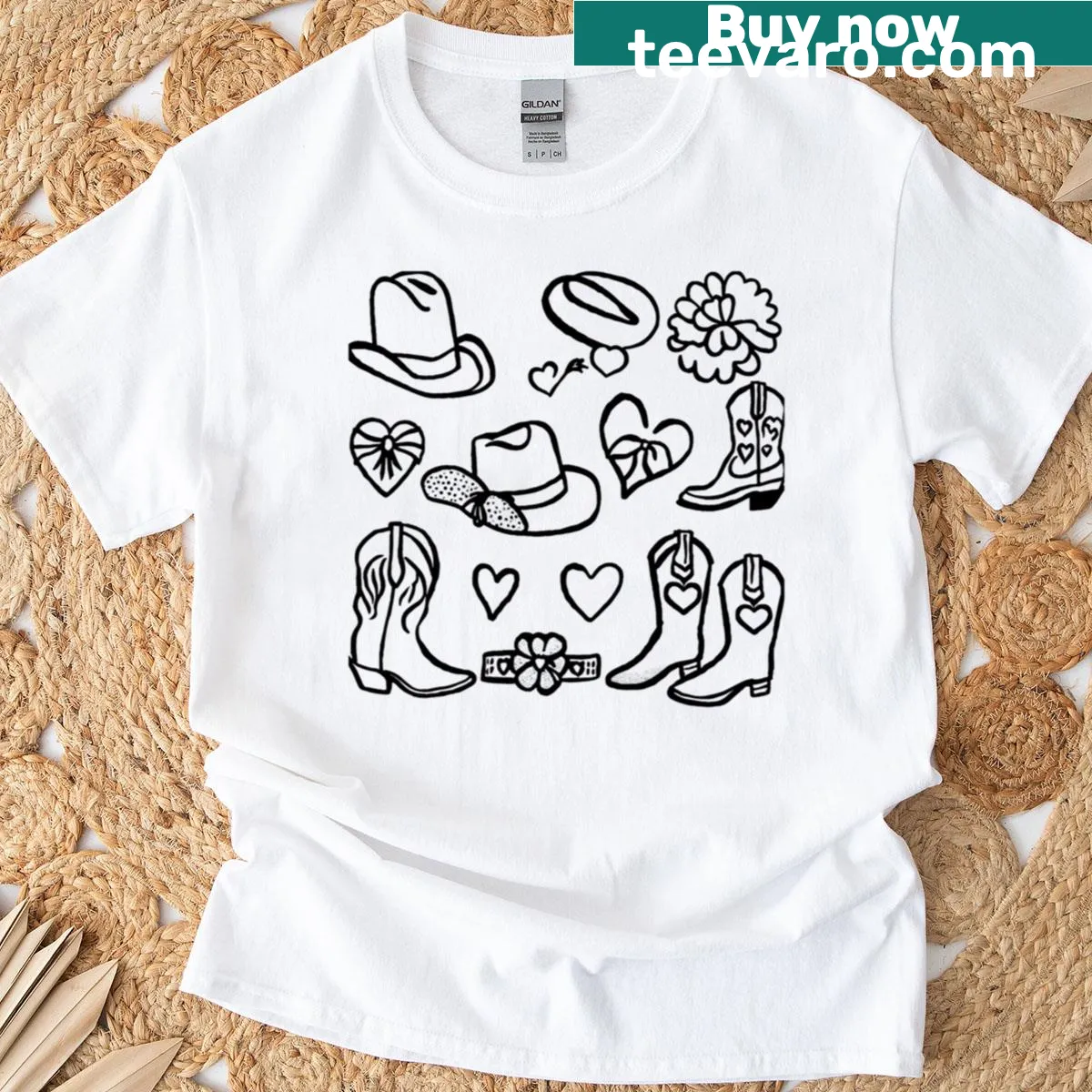 Illustrated T-shirt highlighting cowgirl accessories like hats and boots — on a men's t-shirt
