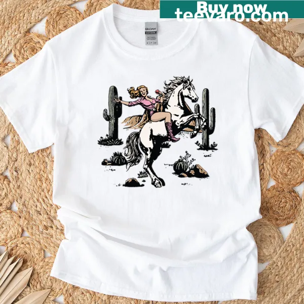 Illustration of a cowgirl riding a horse on T-shirt