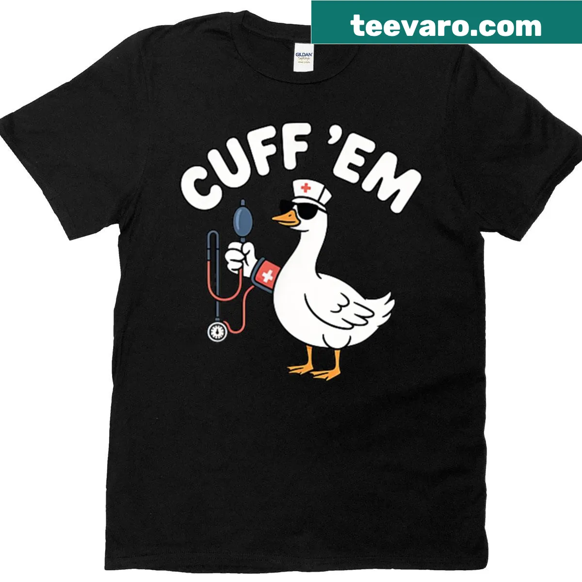 Funny T-shirt for nurses featuring a silly goose design on both sides. — on a men's t-shirt