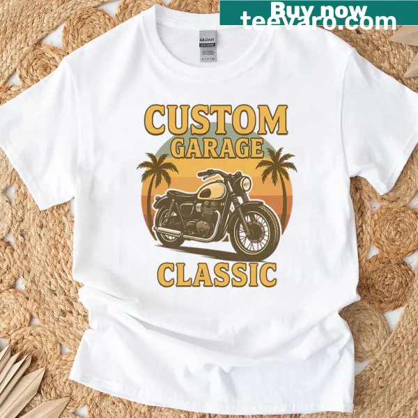 Retro motorcycle themed T-shirt with sunset design