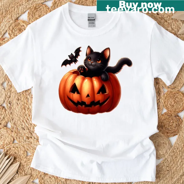 Halloween t-shirt with a cute black cat and Jack O' Lantern illustration