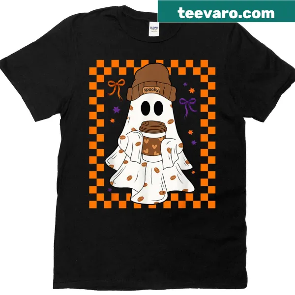 Cute ghost illustration holding a coffee cup on a women's t-shirt