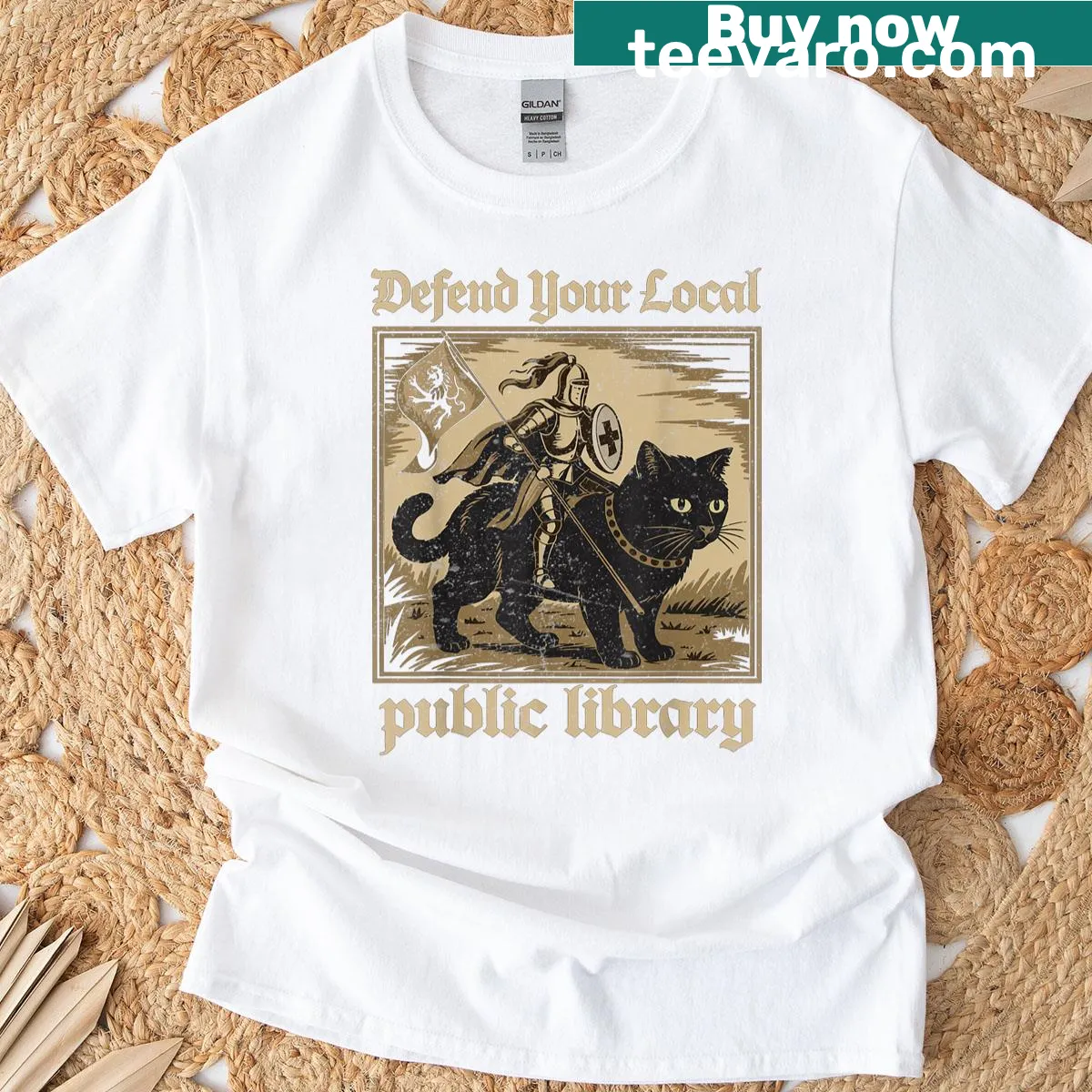Funny cat knight t-shirt promoting local libraries — on a men's t-shirt