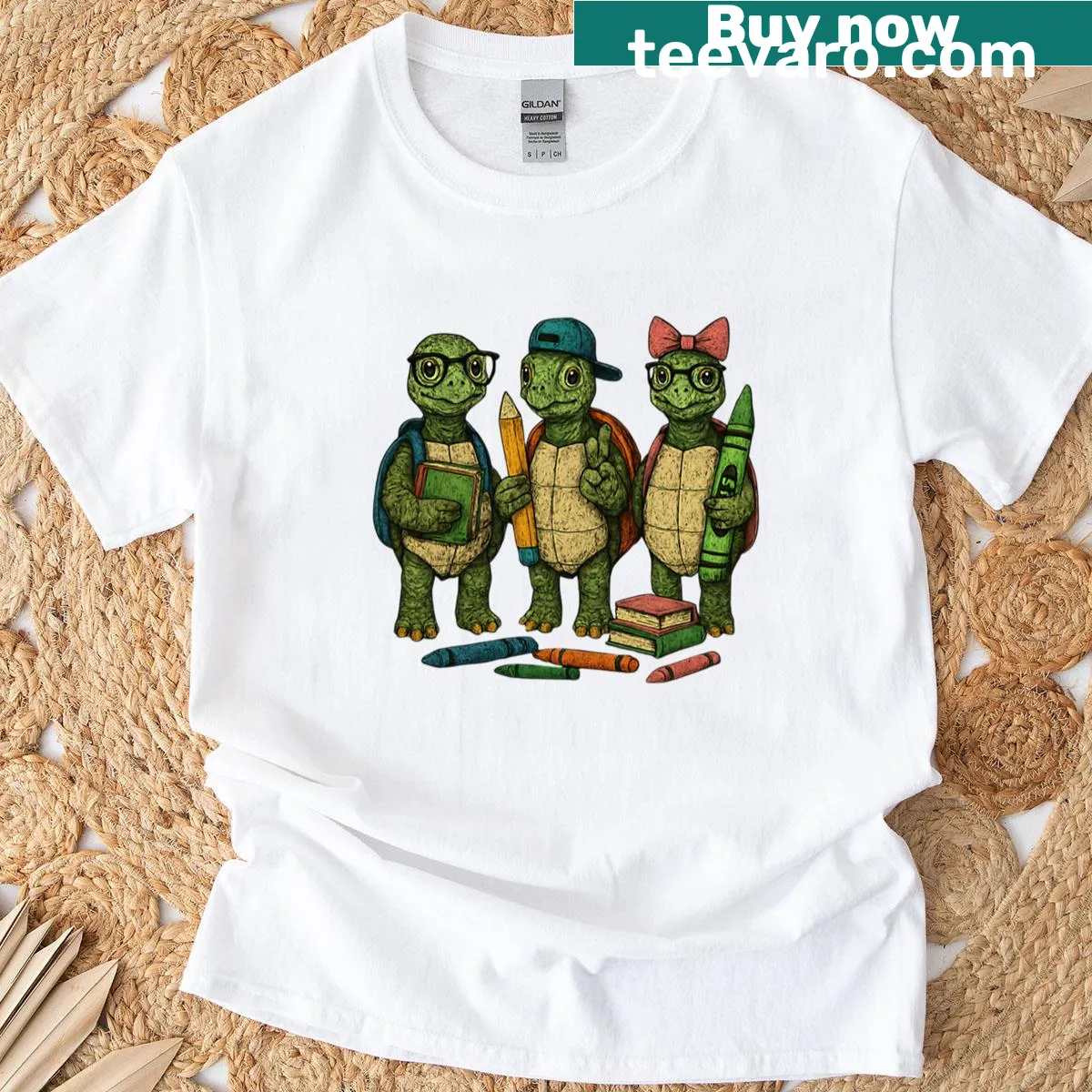 T-shirt with detailed turtle illustration in etching-style cartoon art — on a men's t-shirt