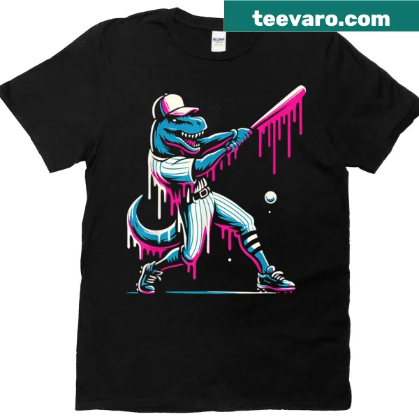 Cartoon T-rex baseball player T-shirt with playful ice cream design
