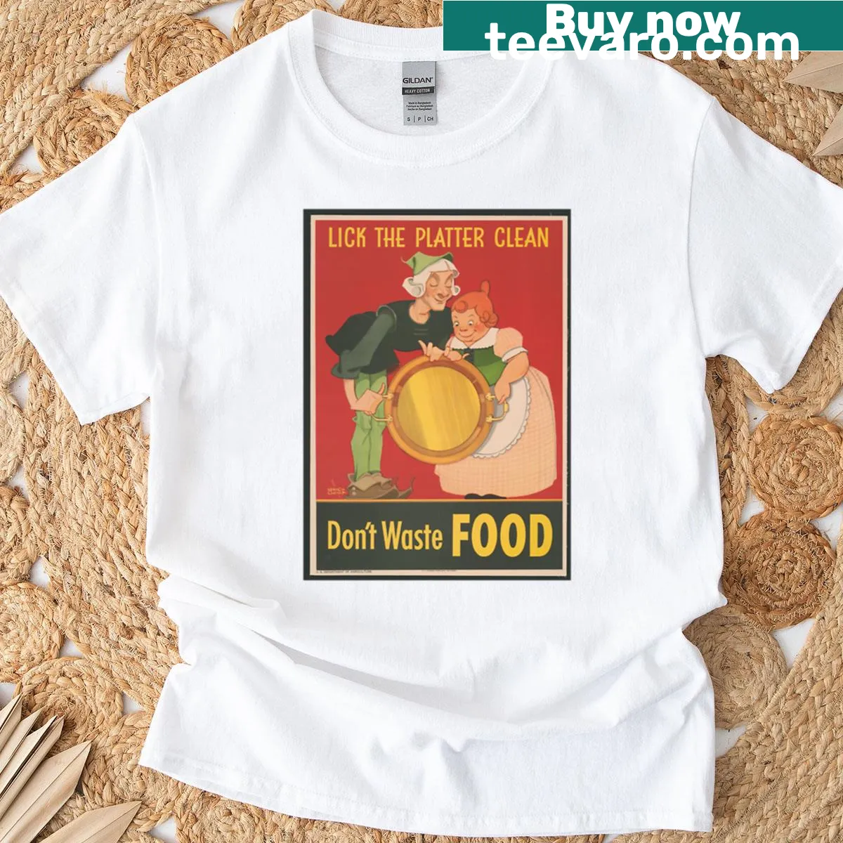Vintage WWII poster art t-shirt with humorous food waste message. — on a men's t-shirt