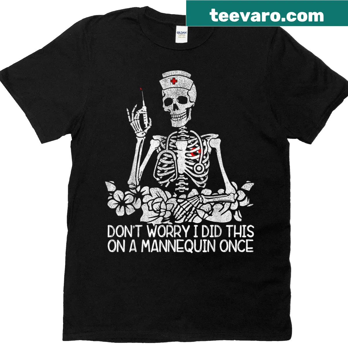 Funny skeleton nurse graphic on a T-shirt — on a men's t-shirt