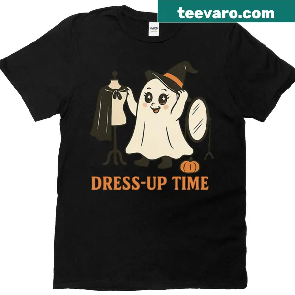 Cute ghost in witch costume graphic on a Halloween T-shirt.