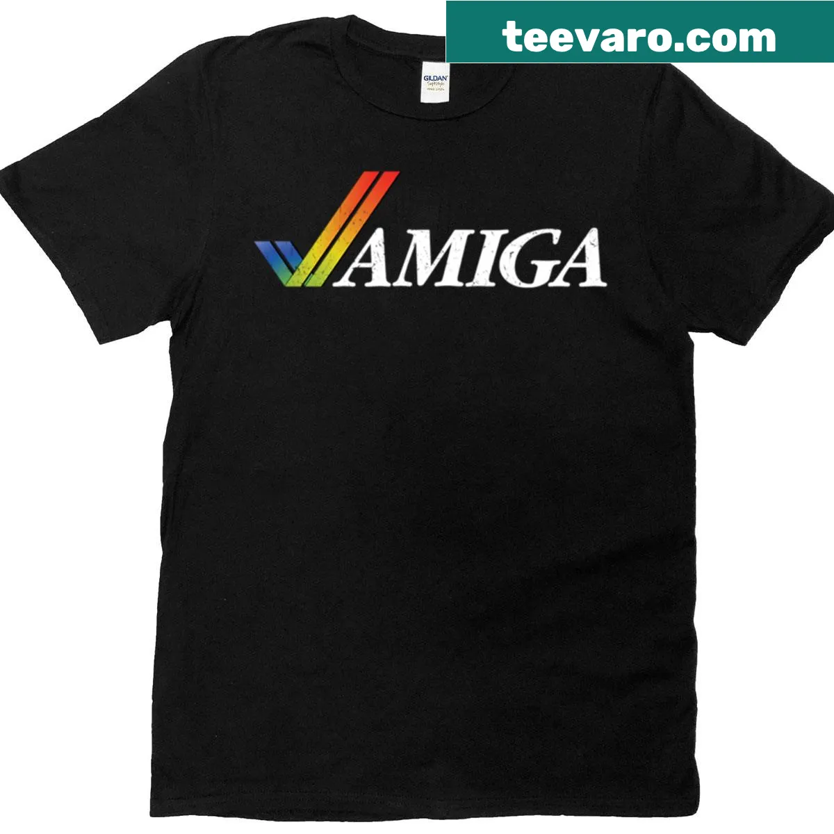 Vintage distressed T-shirt featuring Amiga gaming design — on a men's t-shirt
