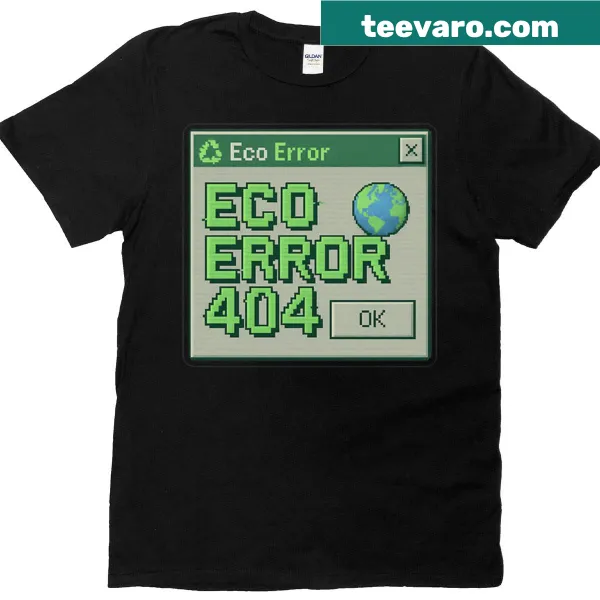 T-shirt with 'Eco Error 404' retro tech graphic design.