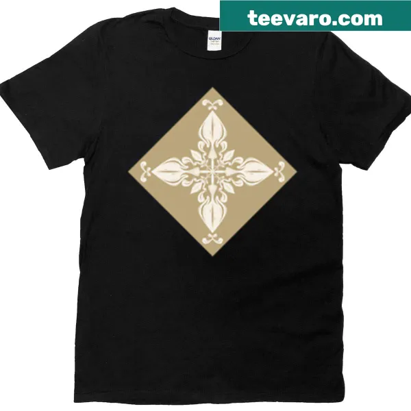 Vintage floral cross ornament T-shirt with beige and ivory decorative patterns.