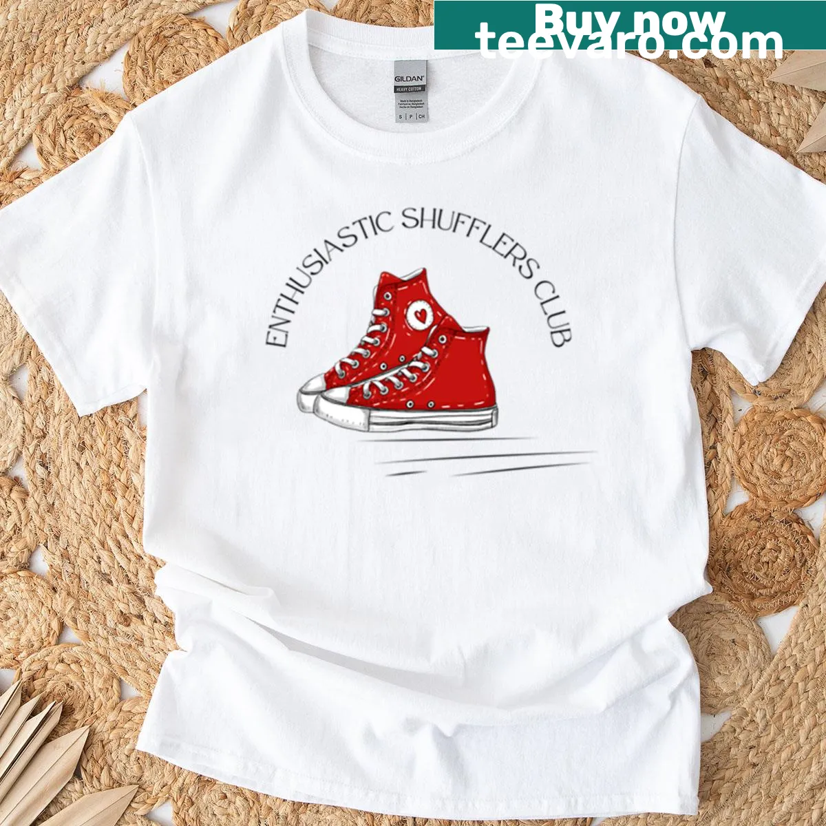 Retro graphic of high-top sneakers promoting dance fun — on a men's t-shirt