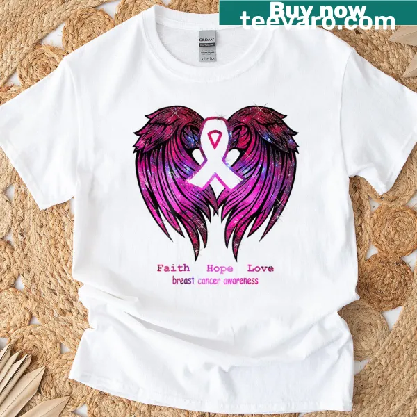 Illustration of pink wings and 'Faith Hope Love' on T-shirt
