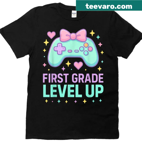 T-shirt celebrating the first day of 1st grade with playful Level Up design