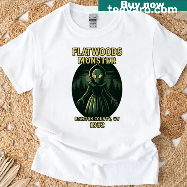 Illustrated Flatwoods Monster graphic on T-shirt