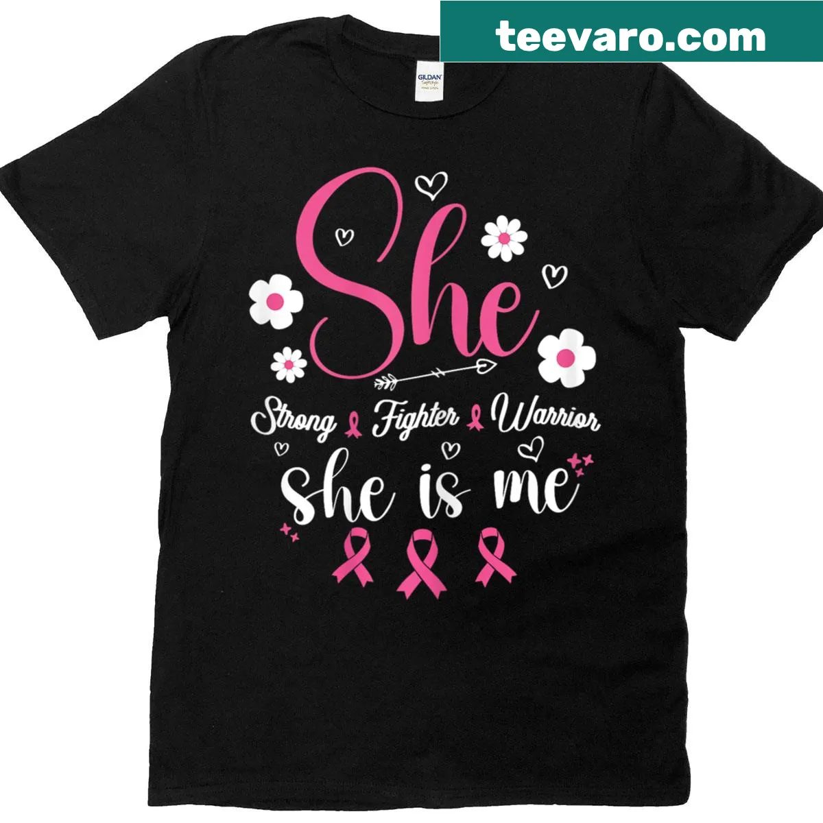 Pink ribbon breast cancer awareness t-shirt with empowering message — on a men's t-shirt