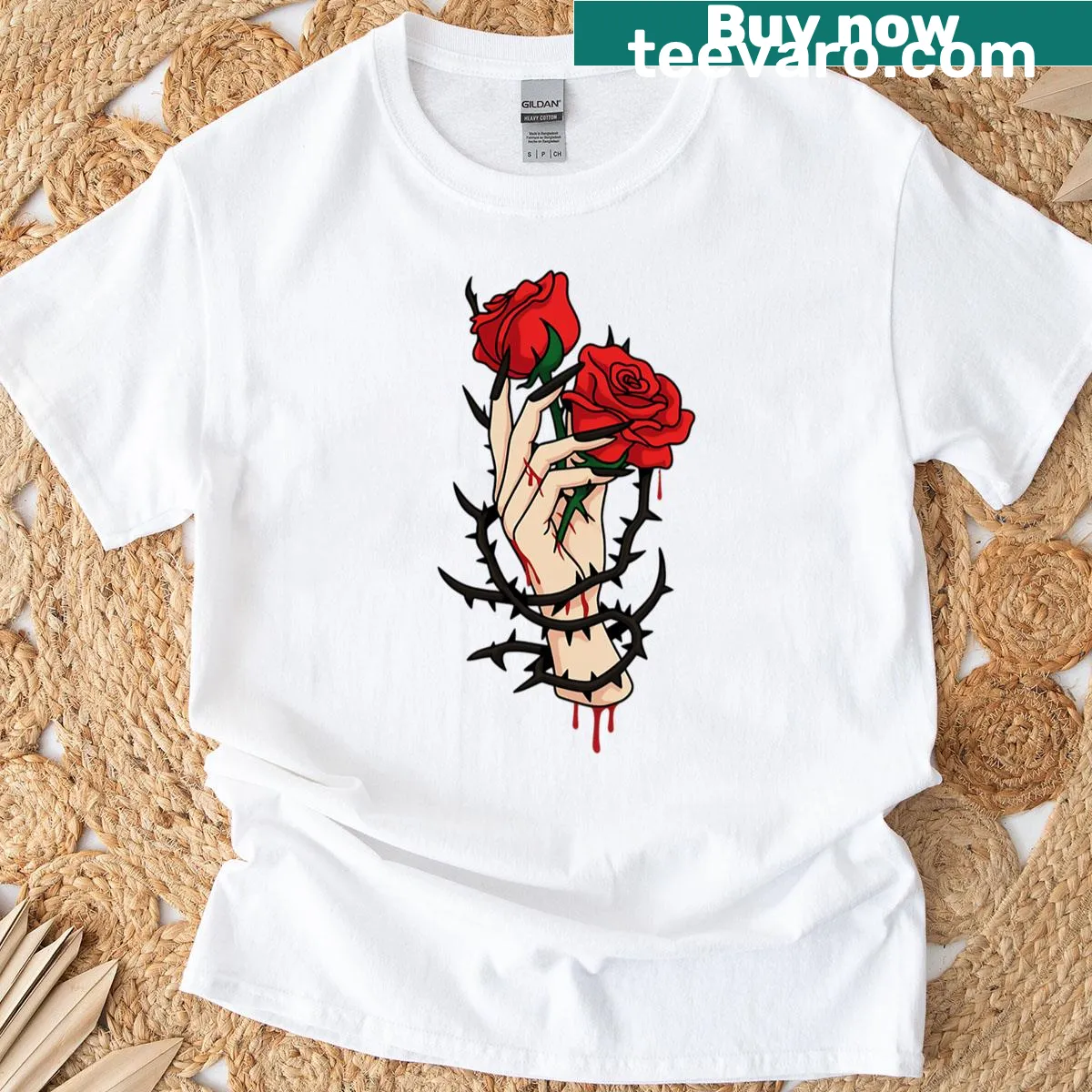 T-shirt featuring an illustration of a flower with thorns — on a men's t-shirt