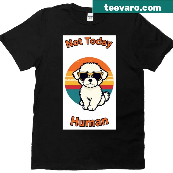 Retro design featuring a fluffy white dog and an 80s sunset