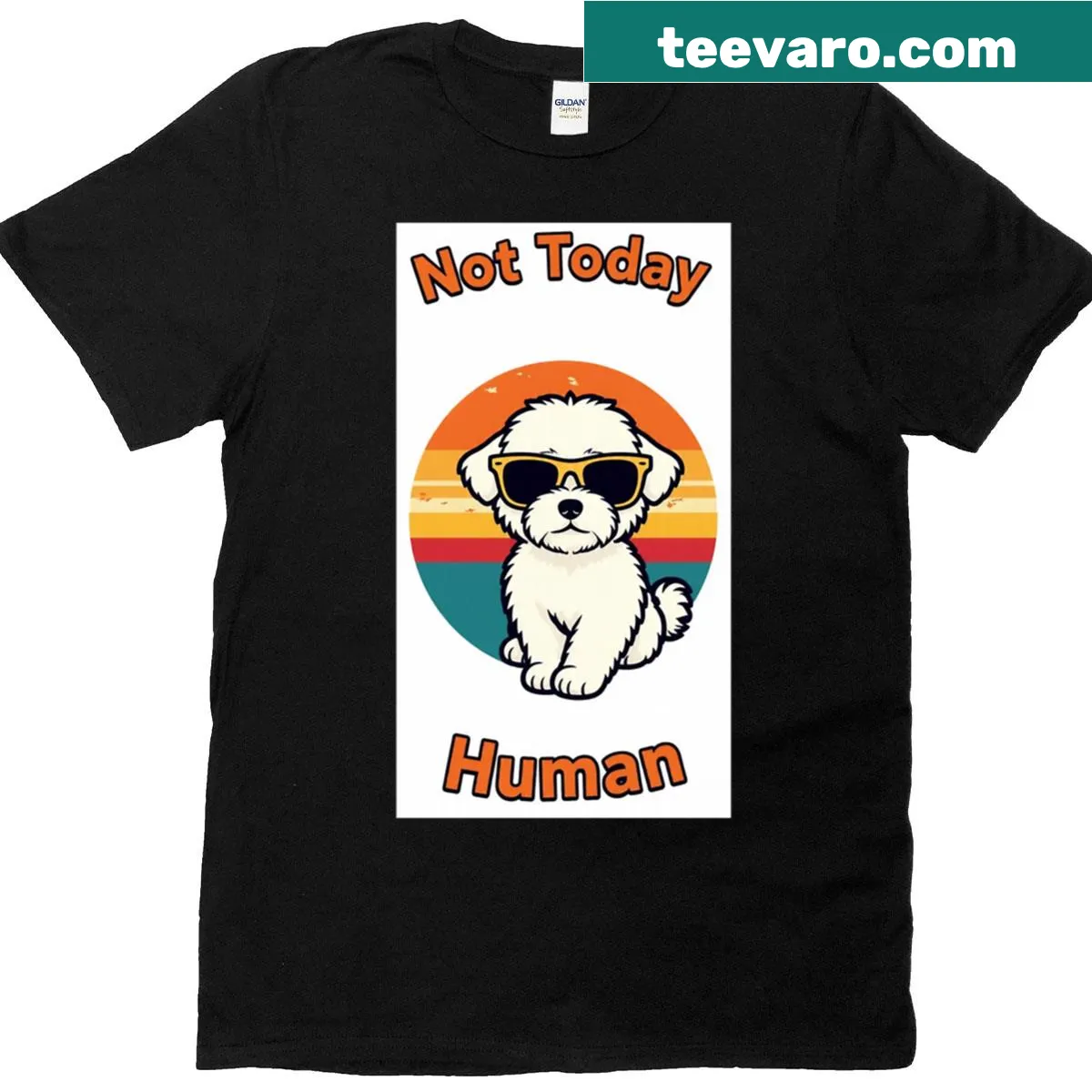 Retro design featuring a fluffy white dog and an 80s sunset — on a men's t-shirt