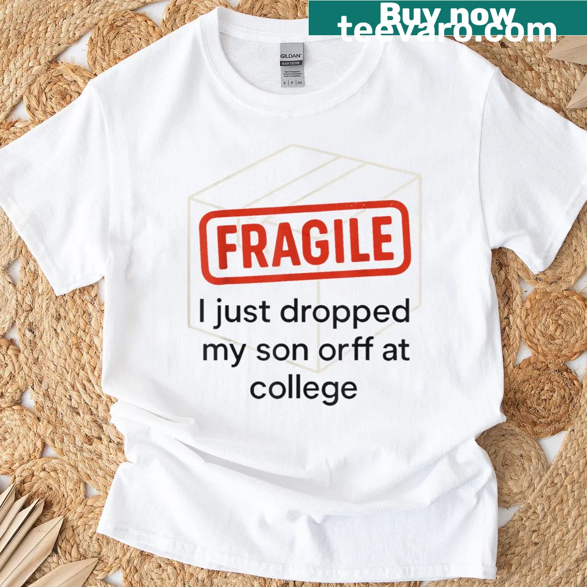 Funny parent t-shirt with text about dropping off son at college — on a men's t-shirt