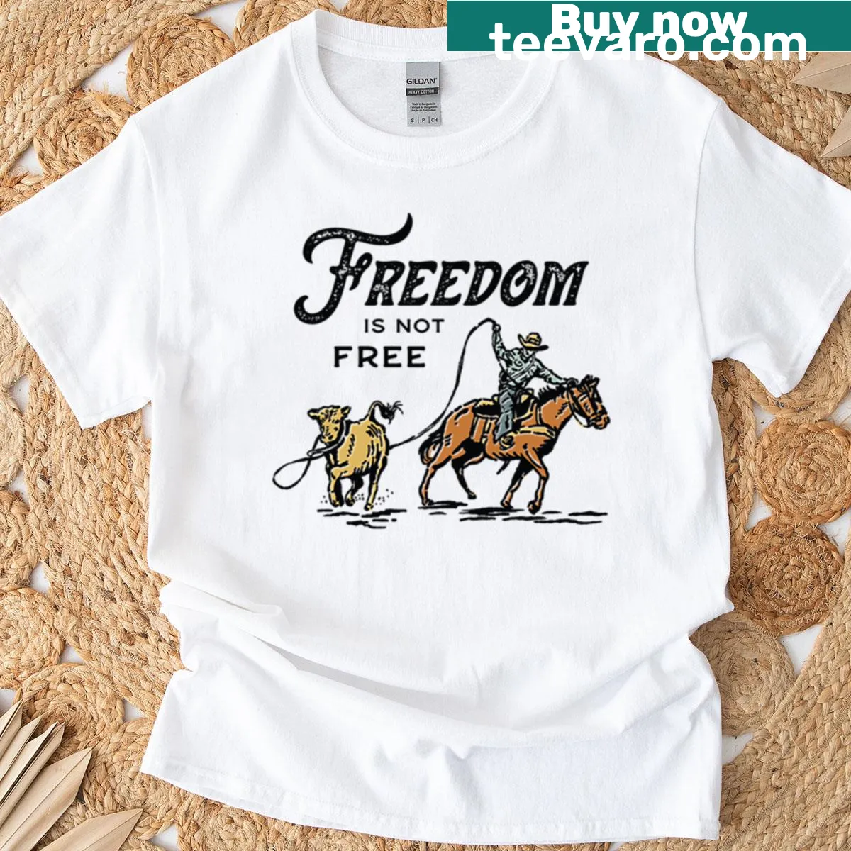 Patriotic graphic featuring a cowboy and text on a t-shirt — on a men's t-shirt