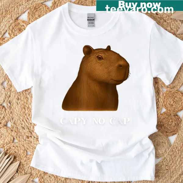Capybara-themed t-shirt with humorous No Cap text and image