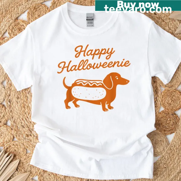 Cute T-shirt with dachshund in hot dog costume for Halloween.