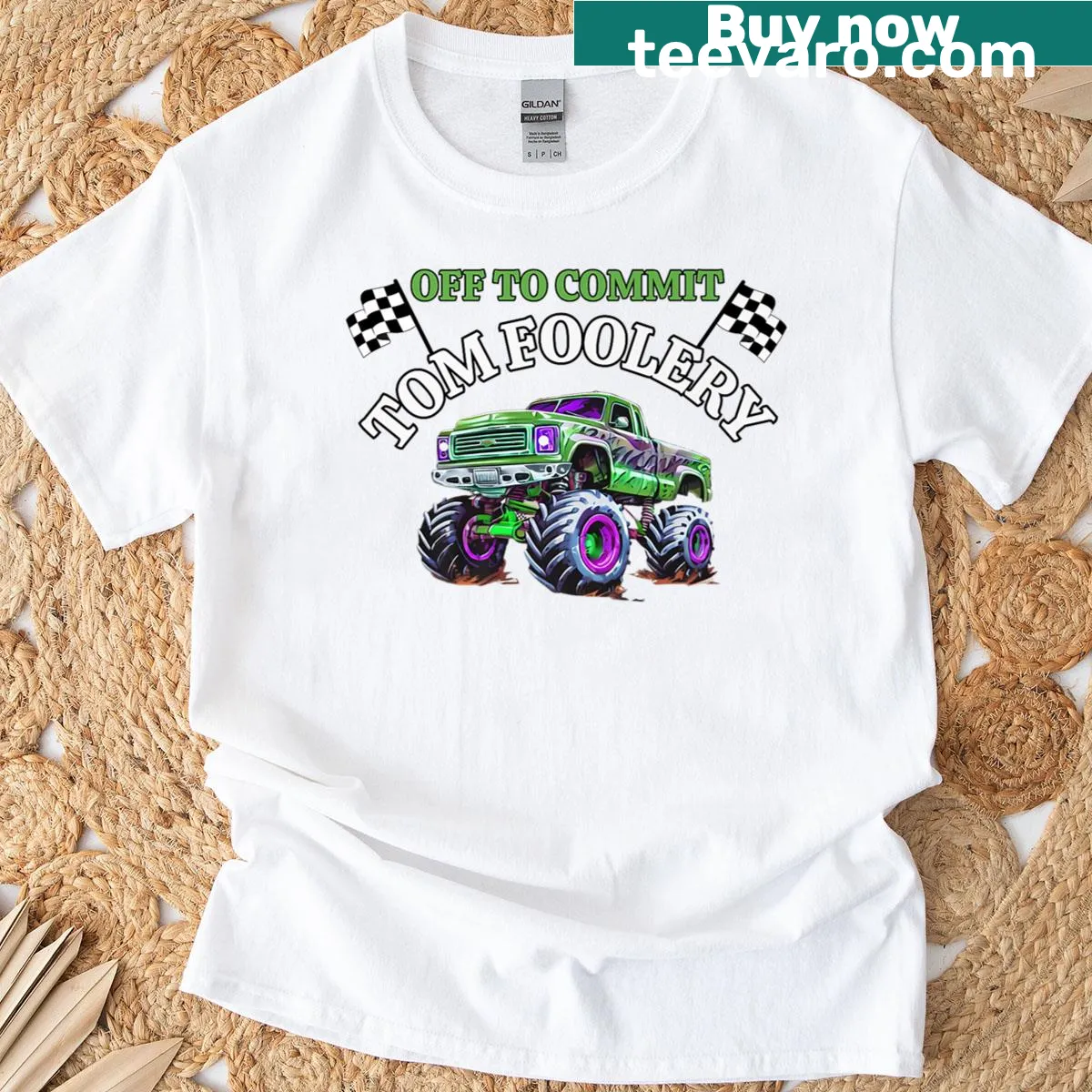 Funny monster truck design with racing flags and humorous text — on a men's t-shirt