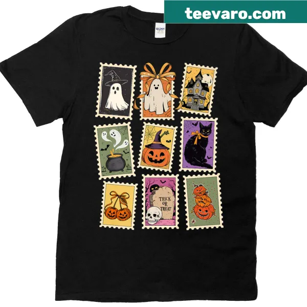 Retro Halloween tee featuring a cat and ghost design.