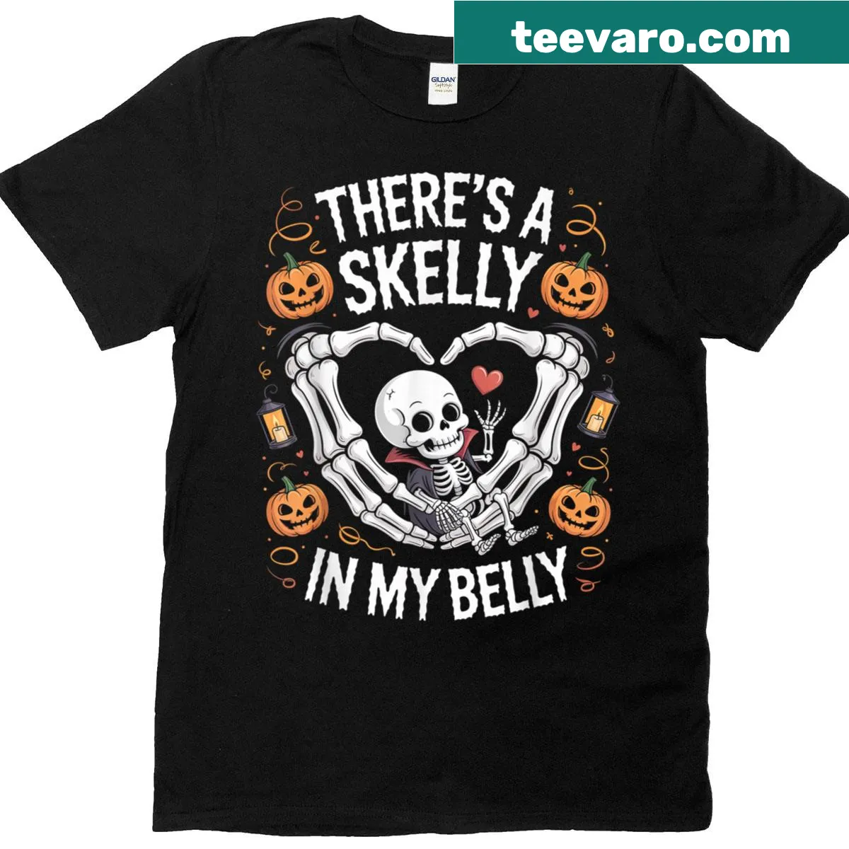 Pregnant Halloween T-shirt with skeleton graphic and text — on a men's t-shirt