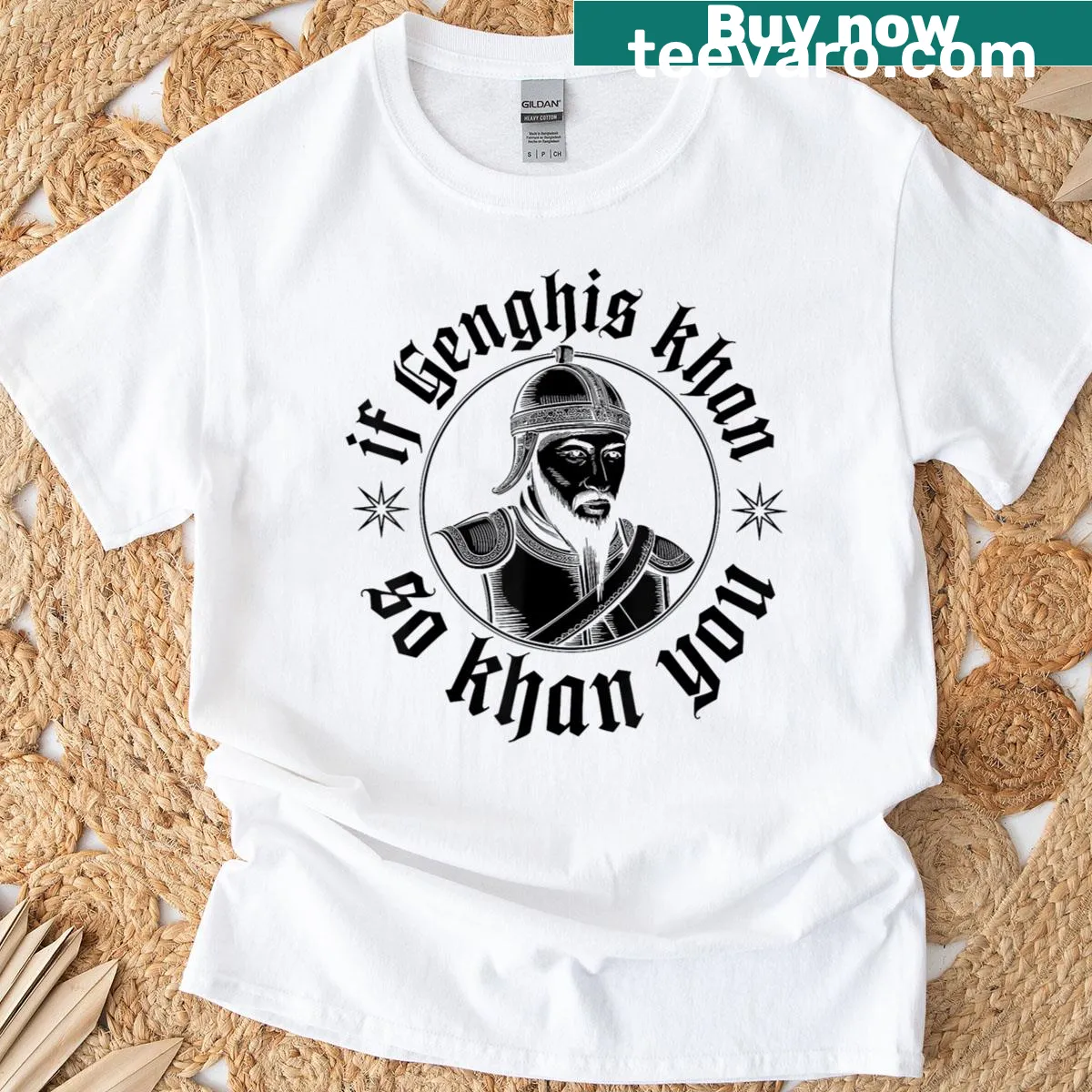 Vintage t-shirt honoring Genghis Khan with world tour graphics. — on a men's t-shirt