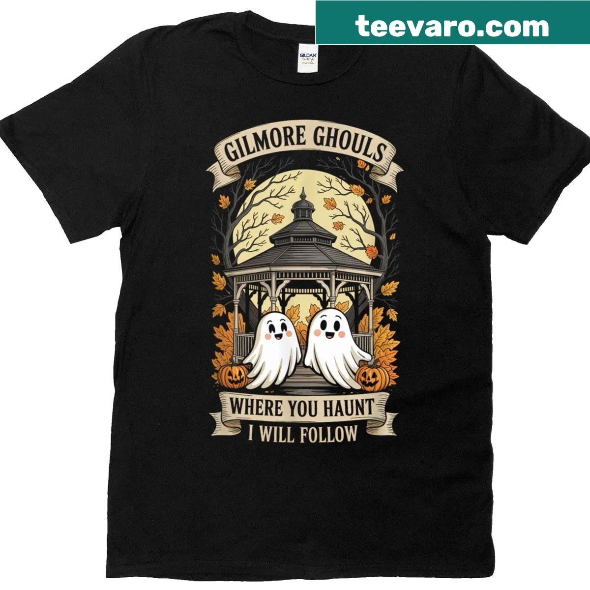 Halloween-themed T-shirt with playful ghost illustration and text — on a men's t-shirt