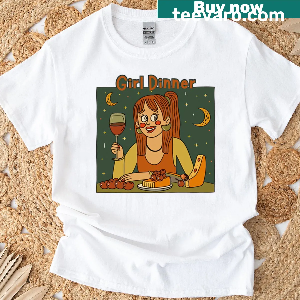 Cartoon food illustration featuring wine, cheese, and grapes — on a men's t-shirt