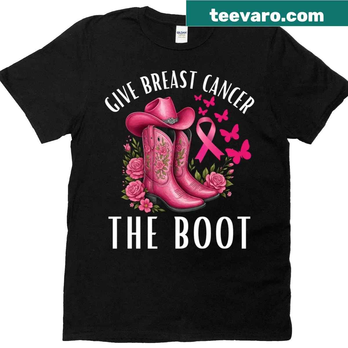 Cowgirl-themed breast cancer awareness t-shirt with boot graphic — on a men's t-shirt