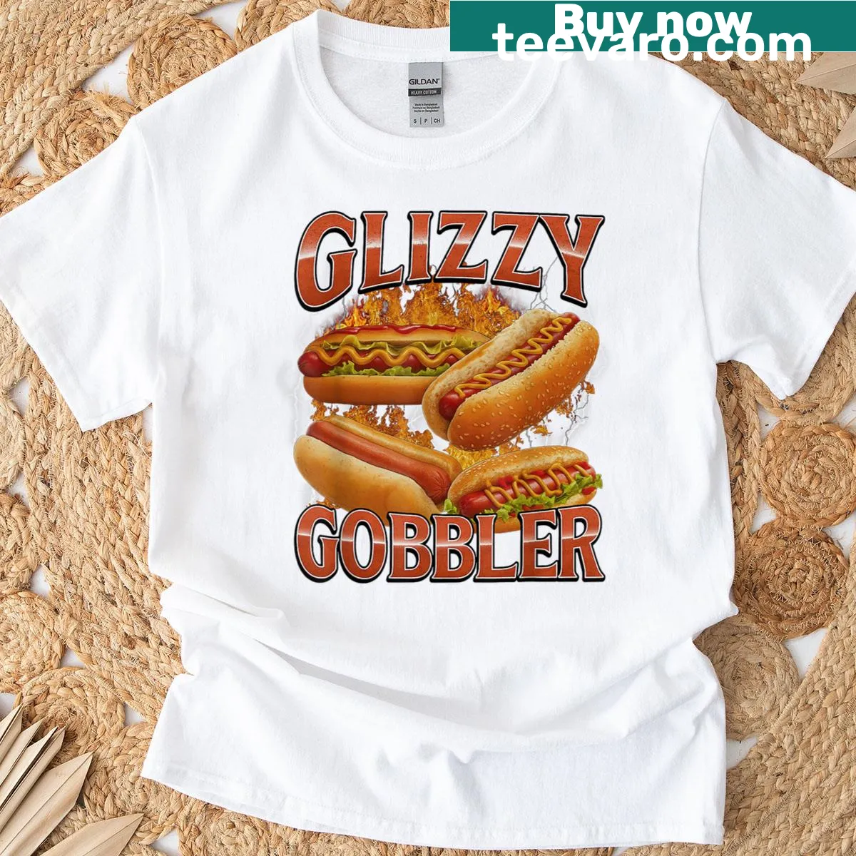 Funny 'Glizzy Gobbler' t-shirt with cartoon graphic — on a men's t-shirt