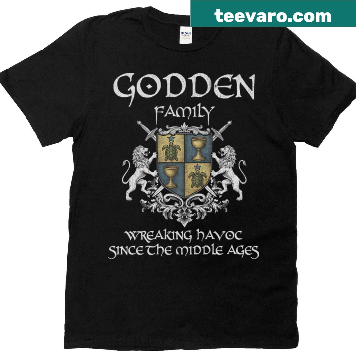 Vintage-style Godden family crest T-shirt for ancestry lovers — on a men's t-shirt