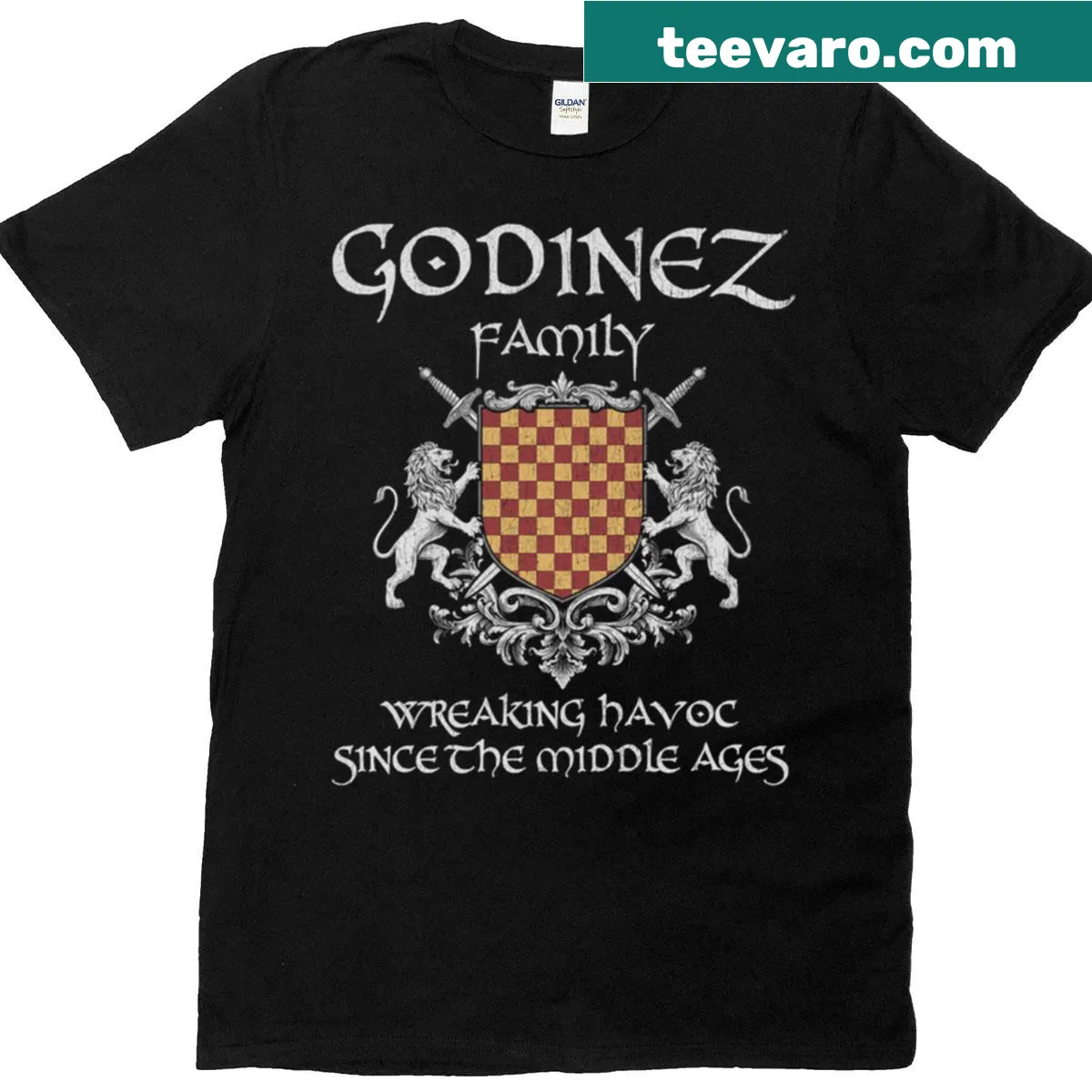 Vintage Godinez family crest T-shirt with distressed style — on a men's t-shirt