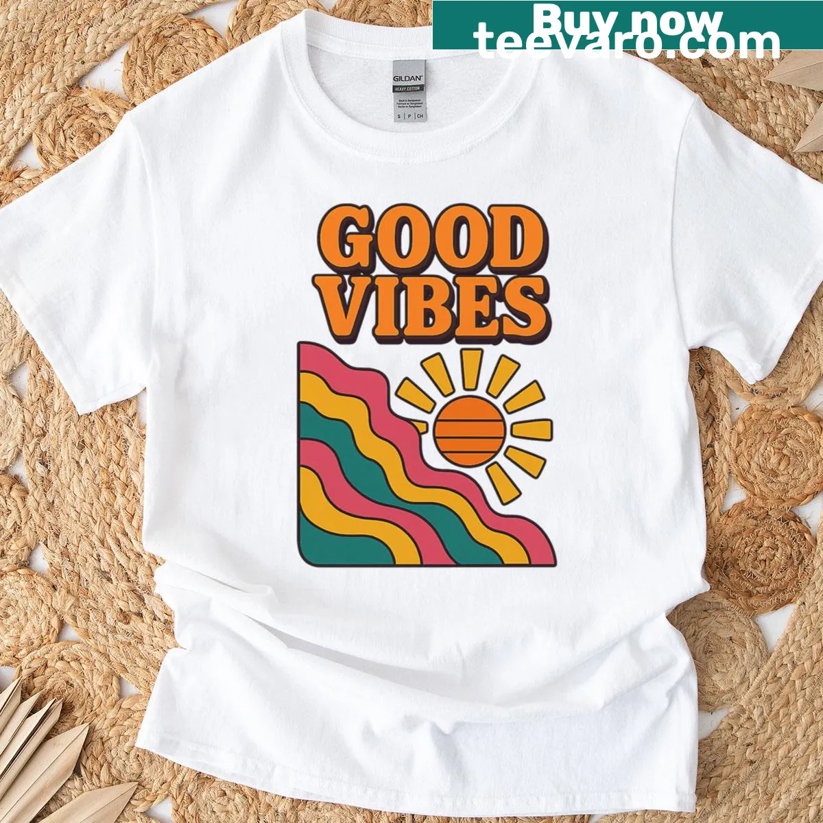 Retro sunburst design radiating good vibes — on a men's t-shirt
