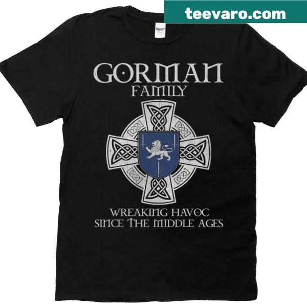 Gorman family crest T-shirt featuring a vintage medieval emblem.