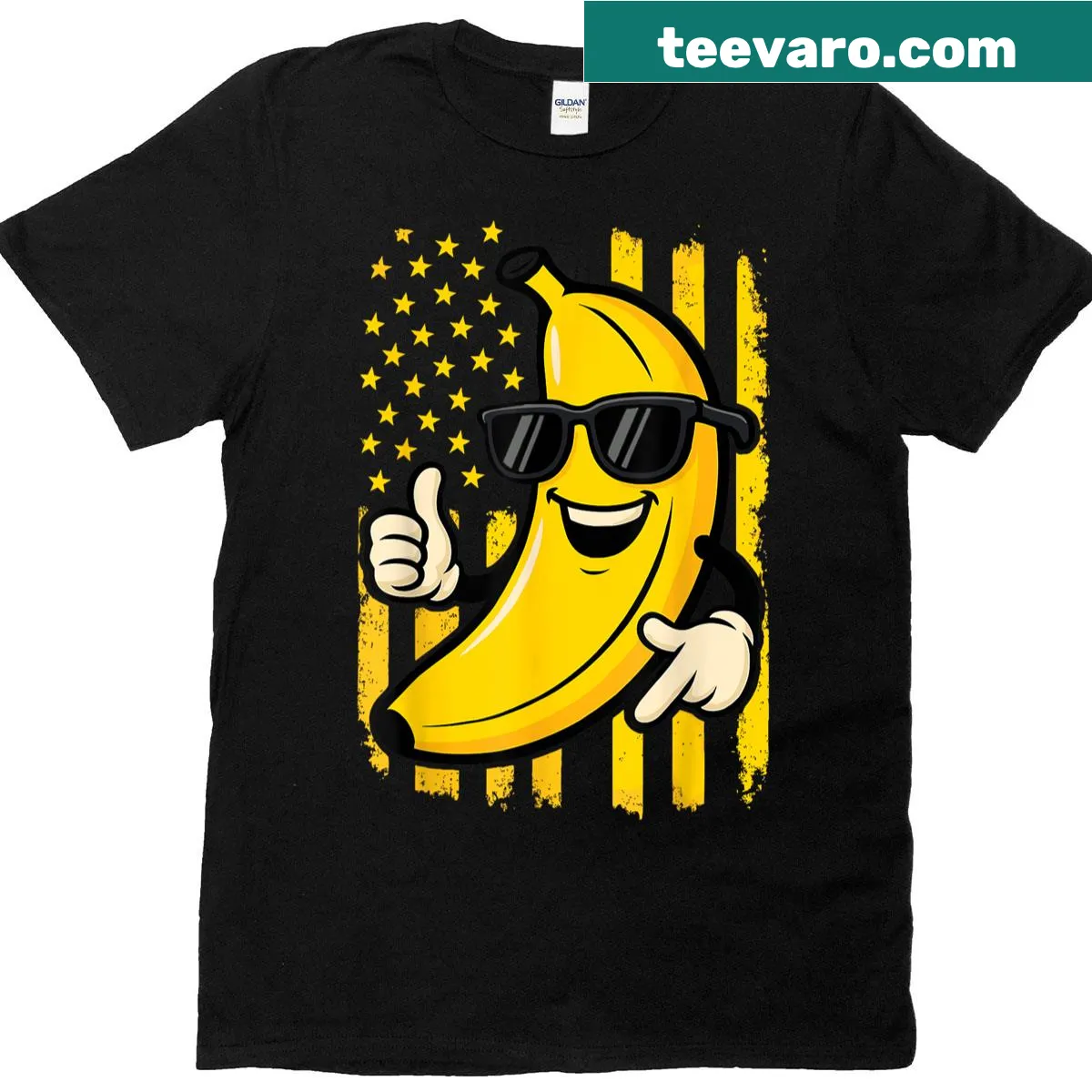 Humorous banana graphic on T-shirt with American flag design — on a men's t-shirt