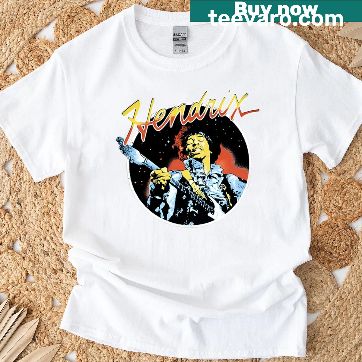 Illustrated T-shirt celebrating legendary musician Jimi Hendrix. — on a men's t-shirt