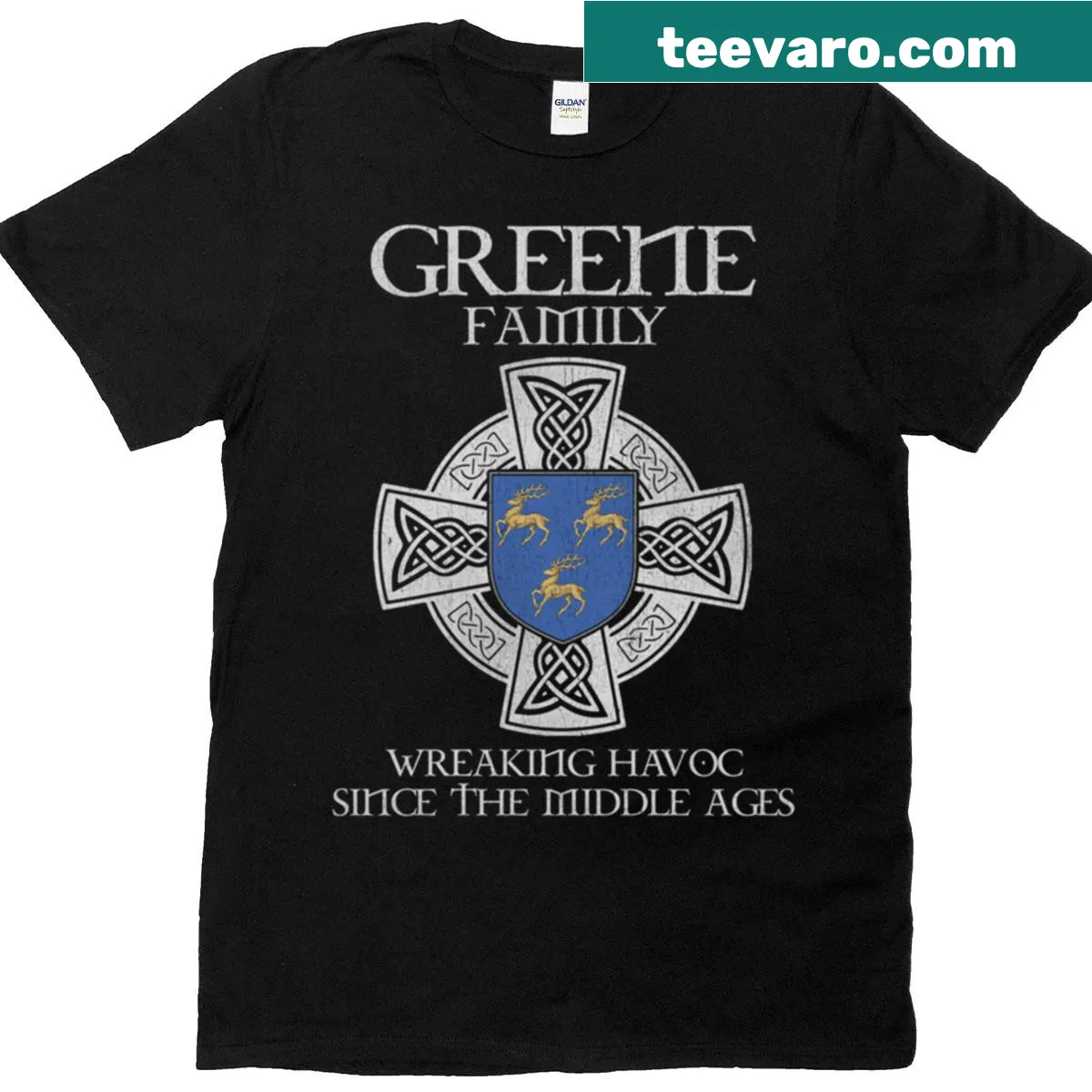 Vintage-style Greene family crest T-shirt for ancestry lovers — on a men's t-shirt