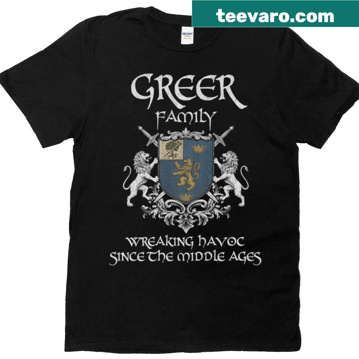 Greer family crest T-shirt in vintage style for ancestry lovers — on a men's t-shirt