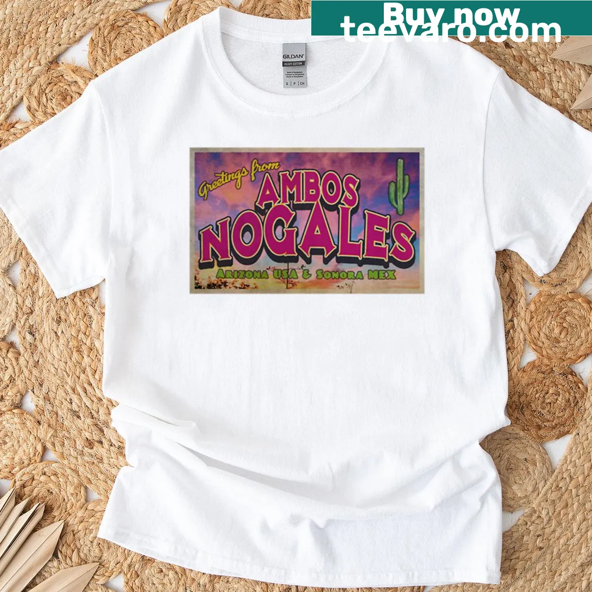 Illustrative design featuring 'Greetings From Ambos Nogales' — on a men's t-shirt