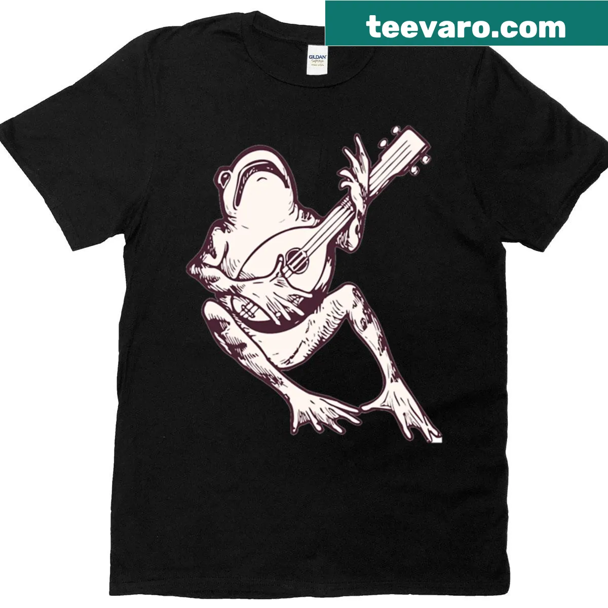 Whimsical frog playing guitar graphic on a T-shirt — on a men's t-shirt